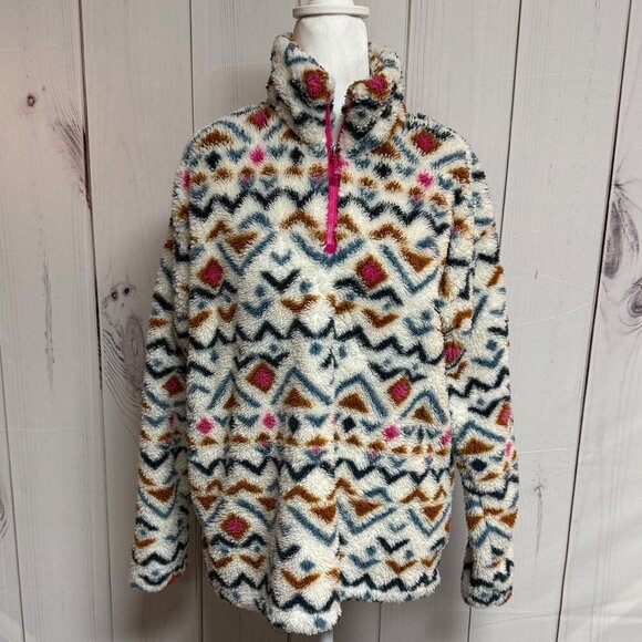 Eddie Bauer Aztec Sherpa Fleece Pullover Women’s Large Cream Multi 1/4 Zip EUC - Picture 1 of 10